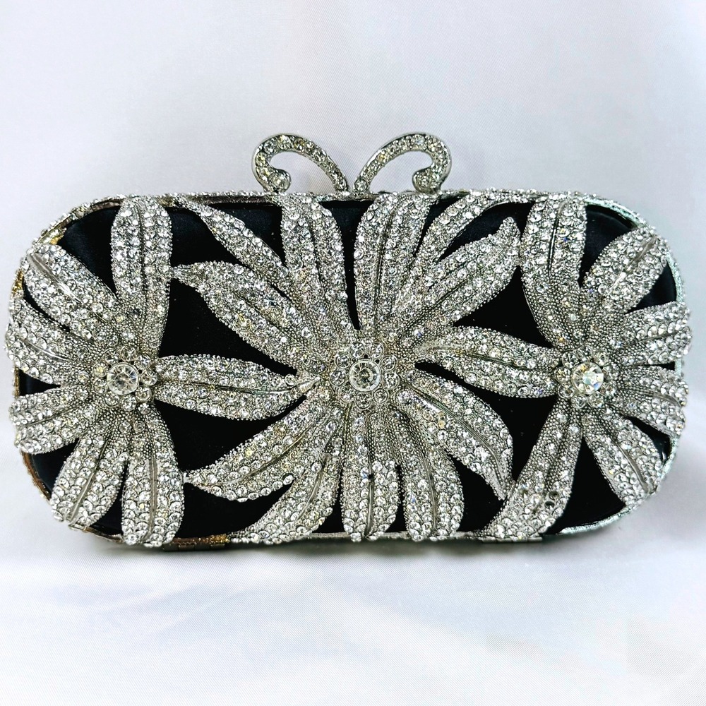 Stunning Sondra Roberts Black Satin Ornate Crystal Minaudiere Evening Clutch Bag